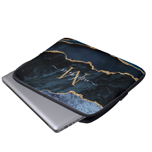 Monogram Name Agate Blue Gold Marmor Laptop Sleeve (Vorne Knopf)