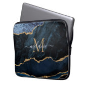 Monogram Name Agate Blue Gold Marmor Laptop Sleeve (Vorderseite Links)