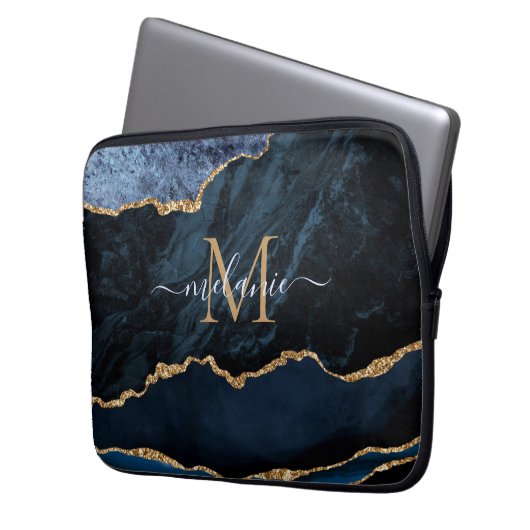 Monogram Name Agate Blue Gold Marmor Laptop Sleeve (Vorderseite Links)