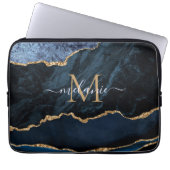 Monogram Name Agate Blue Gold Marmor Laptop Sleeve (Vorderseite)