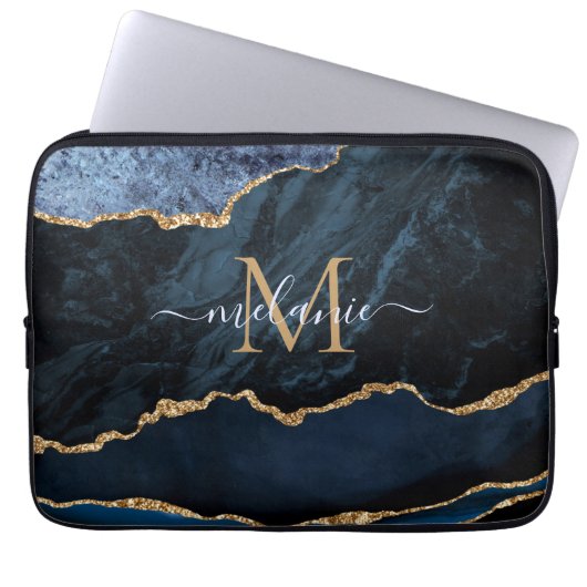 Monogram Name Agate Blue Gold Marmor Laptop Sleeve (Vorderseite)