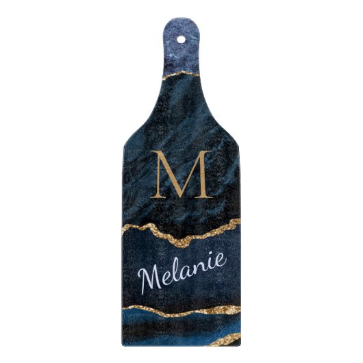 Monogram Name Agate Blue Gold Marmorplatine Schneidebrett (Vorderseite)