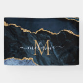 Monogram Name Agate Navy Blue Gold Edelstein Marmo Banner (Horizontal)