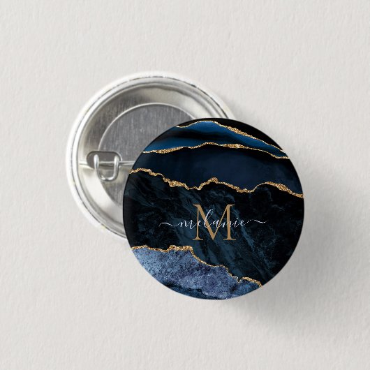 Monogram Name Agate Navy Blue Gold Edelstein Marmo Button (Vorne & Hinten)