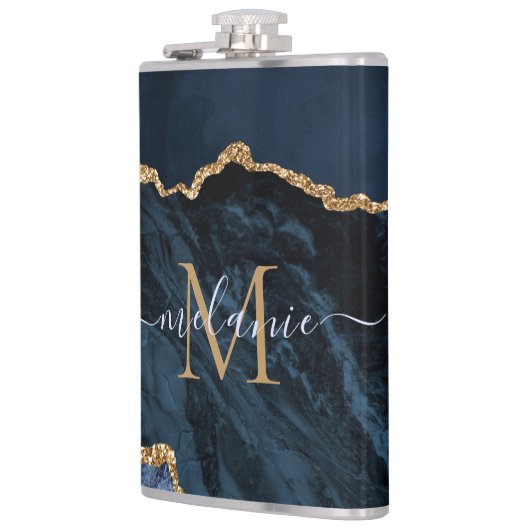 Monogram Name Agate Navy Blue Gold Edelstein Marmo Flachmann (Links)