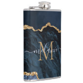 Monogram Name Agate Navy Blue Gold Edelstein Marmo Flachmann (Rechts)