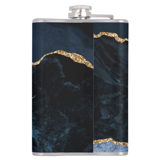 Monogram Name Agate Navy Blue Gold Edelstein Marmo Flachmann (Rückseite)