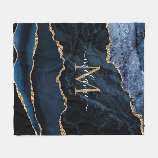 Monogram Name Agate Navy Blue Gold Edelstein Marmo Fleecedecke (Vorderseite (Horizontal))