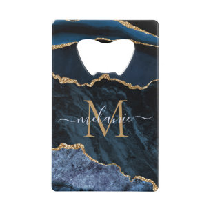 Monogram Name Agate Navy Blue Gold Edelstein Marmo Geldbeutel Flaschenöffner