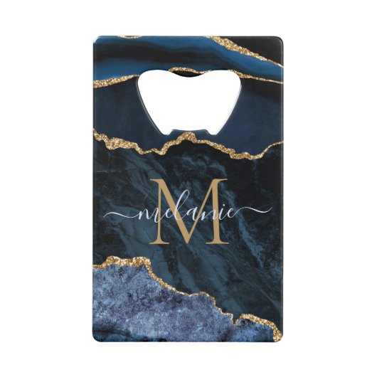Monogram Name Agate Navy Blue Gold Edelstein Marmo Geldbeutel Flaschenöffner (Vorderseite)