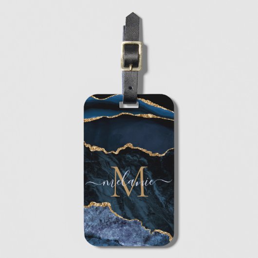 Monogram Name Agate Navy Blue Gold Edelstein Marmo Gepäckanhänger (Vorderseite Vertikal)