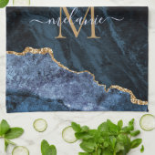 Monogram Name Agate Navy Blue Gold Edelstein Marmo Geschirrtuch (Gefaltet)