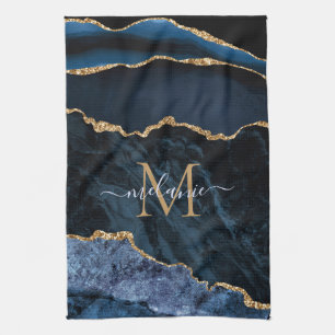 Monogram Name Agate Navy Blue Gold Edelstein Marmo Geschirrtuch