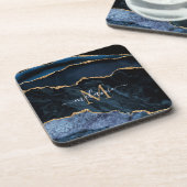 Monogram Name Agate Navy Blue Gold Edelstein Marmo Getränkeuntersetzer (Linke Seite)