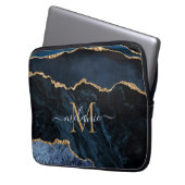 Monogram Name Agate Navy Blue Gold Edelstein Marmo Laptopschutzhülle (Vorderseite Links)