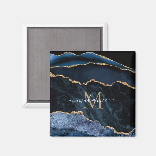Monogram Name Agate Navy Blue Gold Edelstein Marmo Magnet (Vorderseite/Rückseite)