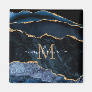 Monogram Name Agate Navy Blue Gold Edelstein Marmo Magnet