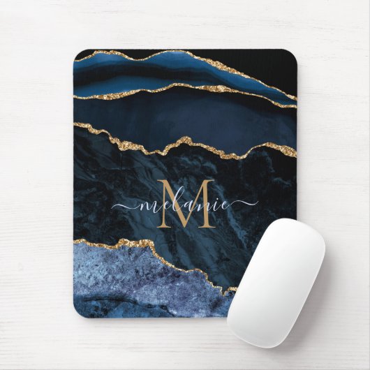 Monogram Name Agate Navy Blue Gold Edelstein Marmo Mousepad (Mit Mouse)