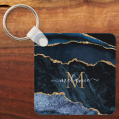 Monogram Name Agate Navy Blue Gold Edelstein Marmo Schlüsselanhänger (Vorderseite)