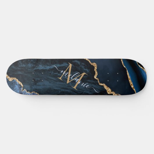 Monogram Name Agate Navy Blue Gold Edelstein Marmo Skateboard (Horizontal)