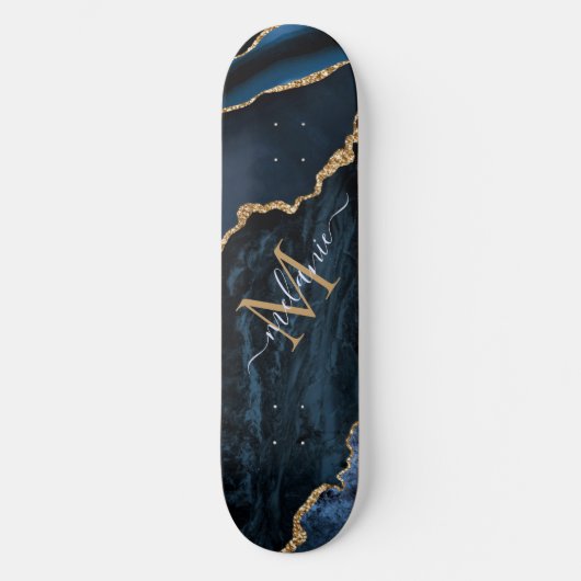 Monogram Name Agate Navy Blue Gold Edelstein Marmo Skateboard (Vorderseite)