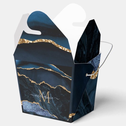 Monogram Name Agate Navy Blue Gold Fevor Boxen Geschenkschachtel (Geöffnet)