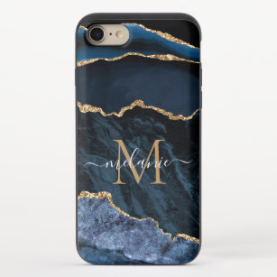 Monogram Name Agate Navy Blue Gold iPhone Case