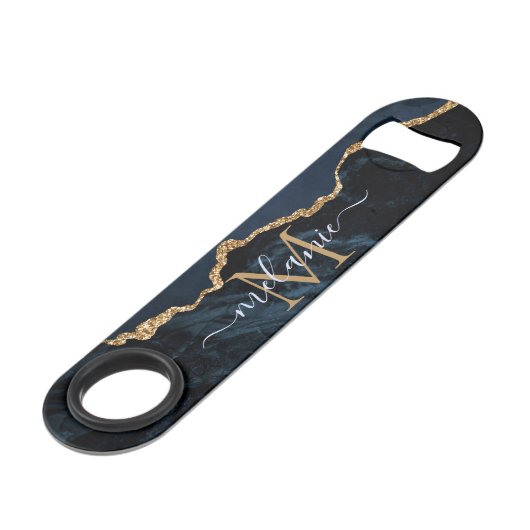 Monogram Name Agate Navy Blue Gold Marble Bar Key (Rückseite Schrägansicht)