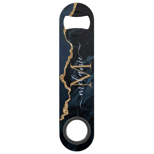 Monogram Name Agate Navy Blue Gold Marble Bar Key (Vorderseite)