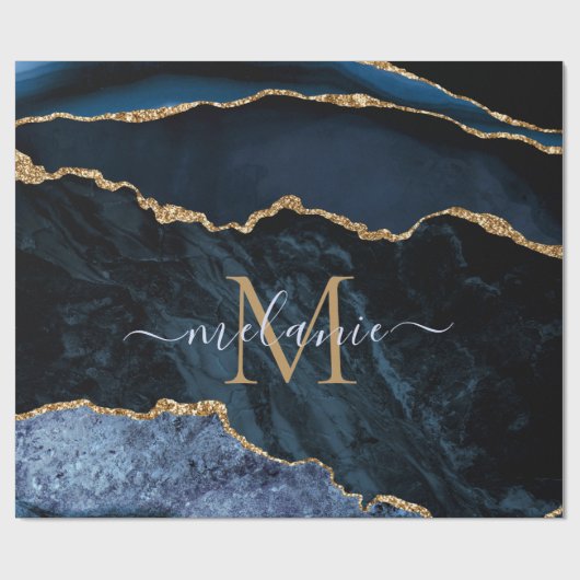 Monogram Name Agate Navy Blue Gold Marmor Geschenk Geschenkpapier (Flach)