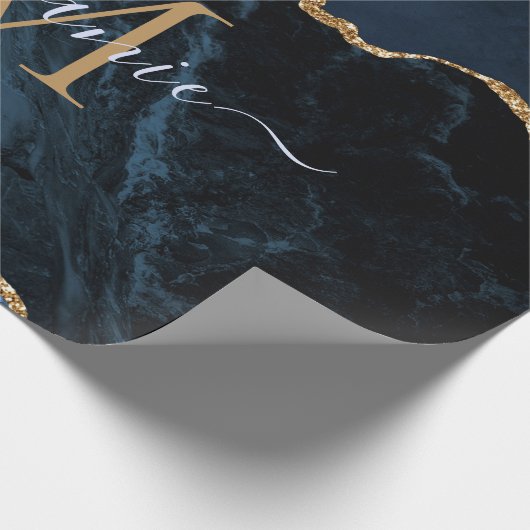 Monogram Name Agate Navy Blue Gold Marmor Geschenk Geschenkpapier (Ecke)