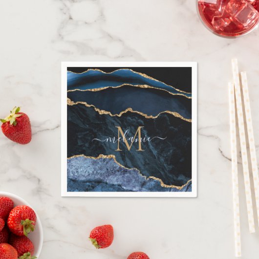Monogram Name Agate Navy Blue Gold Marmor Napkins Serviette (Beispiel)