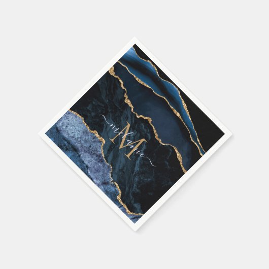 Monogram Name Agate Navy Blue Gold Marmor Napkins Serviette (Ecke)