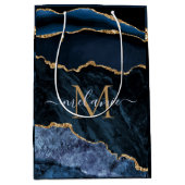 Monogram Name Agate Navy Blue Gold Marmorbeutel Mittlere Geschenktüte (Vorderseite)