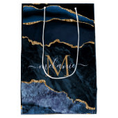 Monogram Name Agate Navy Blue Gold Marmorbeutel Mittlere Geschenktüte (Rückseite)