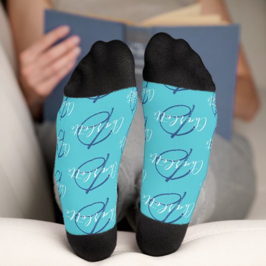 Monogram name and initial white aqua blue socks socken (Unterseite)