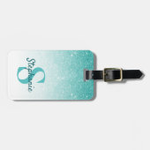 Monogram Name Aquamarin Glitzer Sparkle Chic Gepäckanhänger (Vorderseite horizontal)