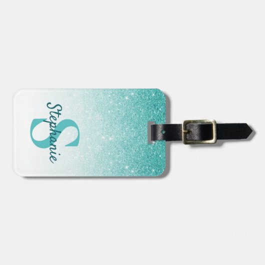 Monogram Name Aquamarin Glitzer Sparkle Chic Gepäckanhänger (Vorderseite horizontal)