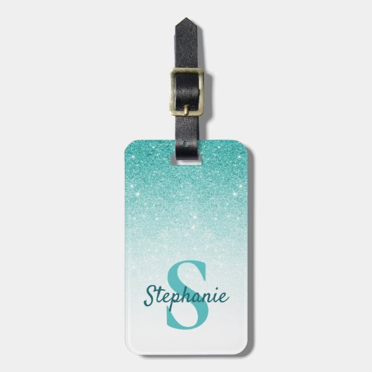 Monogram Name Aquamarin Glitzer Sparkle Chic Gepäckanhänger (Vorderseite vertikal)