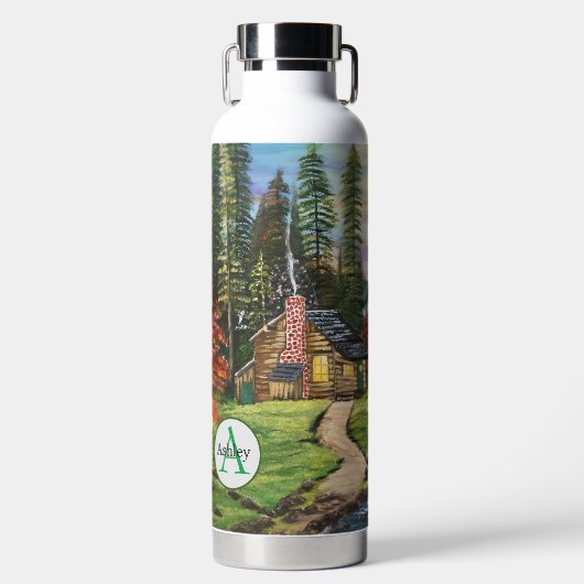 Monogram Name Art Hütte Forest Floral Landschaft Trinkflasche (Vorderseite)