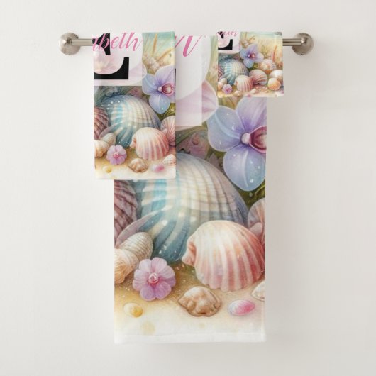 Monogram-Name auf Aquarellfarben-Blume Badhandtuch Set (Insitu)