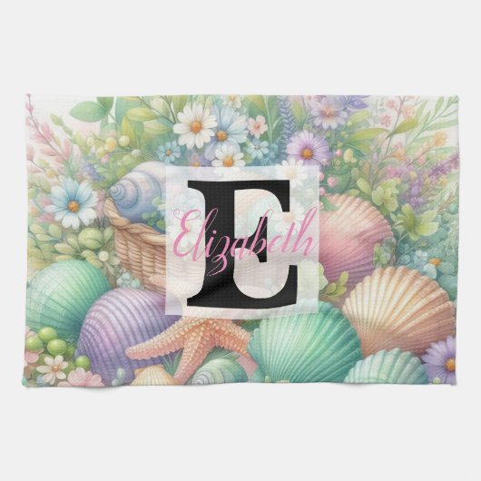Monogram-Name auf Aquarellfarben-Blume Geschirrtuch (Horizontal)
