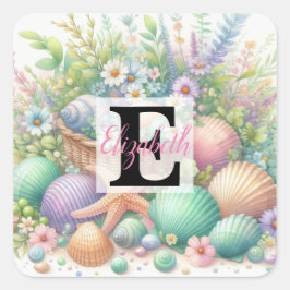 Monogram-Name auf Aquarellfarben-Blume Quadratischer Aufkleber