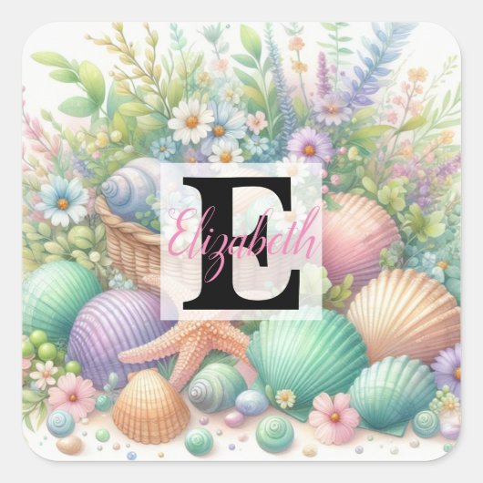 Monogram-Name auf Aquarellfarben-Blume Quadratischer Aufkleber (Vorderseite)