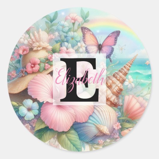 Monogram-Name auf Aquarellfarben-Blume Runder Aufkleber (Vorderseite)