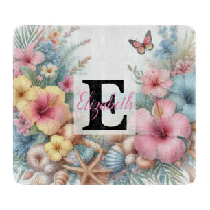 Monogram-Name auf Aquarellfarben-Blume Schneidebrett