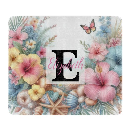 Monogram-Name auf Aquarellfarben-Blume Schneidebrett (Vorderseite)