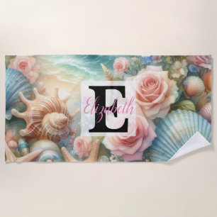 Monogram-Name auf Aquarellfarben-Blume Strandtuch