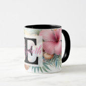 Monogram-Name auf Aquarellfarben-Blume Tasse (VorderseiteRechts)