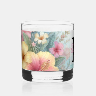Monogram-Name auf Aquarellfarben-Blume Whiskyglas